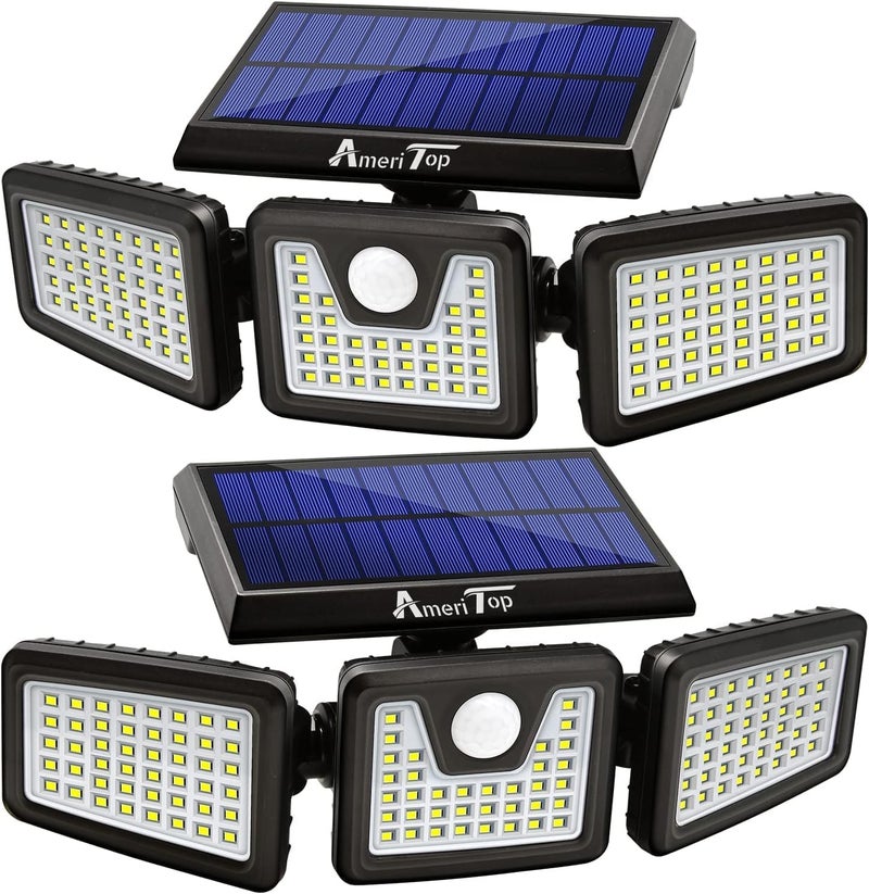AmeriTop Solar Lights Outdoor, 2 Pack 128 High Brightness LED Cordless Solar Motion Sensor Lights; 3 Adjustable Heads, 270°Wide Angle Illumination, IP65 Waterproof, Security Flood Light - Image 1